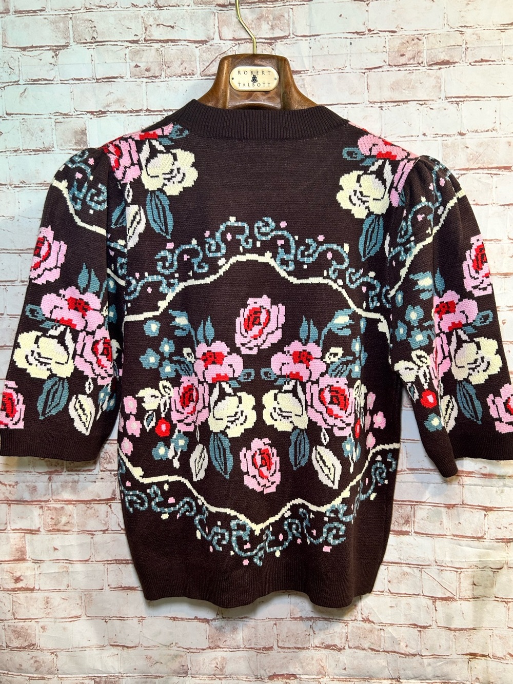 THML Brown Floral Jacquard Rose Short Sleeve Sweater Whimsical Preppy Top Size S - Picture 4 of 9